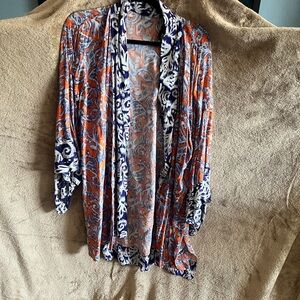 BCBGMaxAzria Orange and Navy Blue Printed Open Cardigan